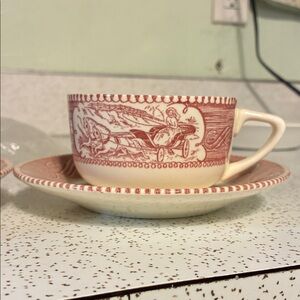 Vintage Red and White Teacup and Saucer Set Currier Ives